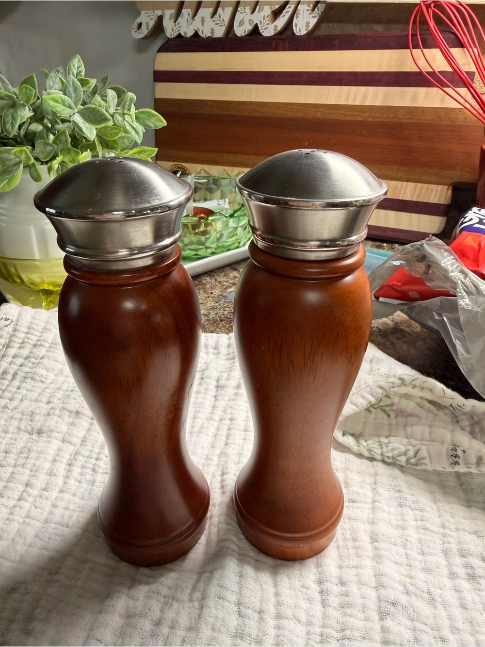 Wooden Salt and Pepper Shaker Set with Stainless Tops - Brown